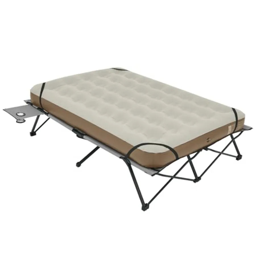 Queen-Sized Airbed Cot Combo Folding 2 Person Camping Cot with Air Mattress Side Table and Wheeled Carry Bag Camping Bed for Ou