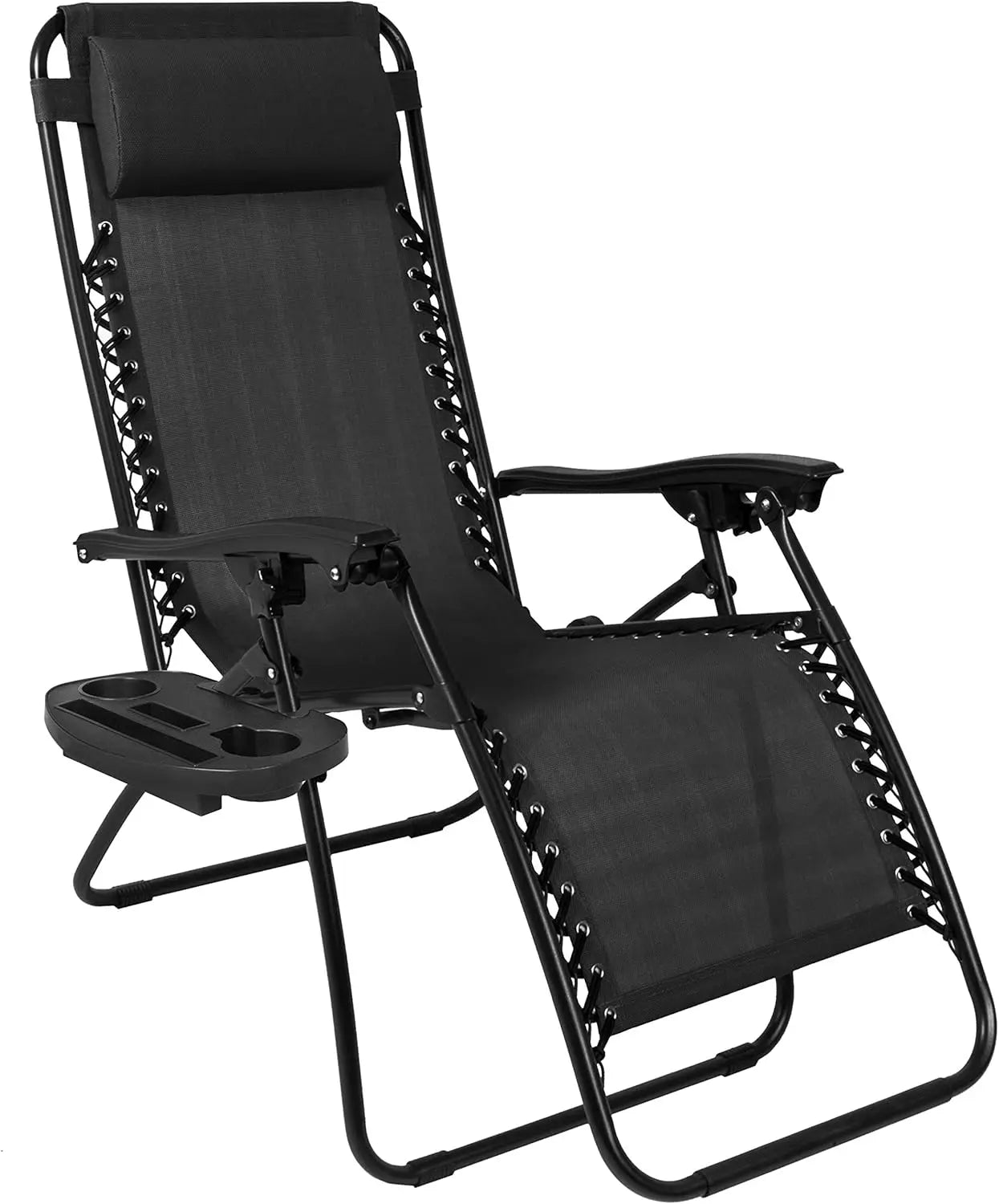 Products Set of 2 Adjustable Steel Mesh Zero Gravity Lounge Chair Recliners w/Pillows and Cup Holder Trays - Black