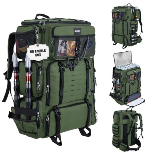 Fishing Backpack with Cooler 72L Large 600D Tackle Backpack with Rod Holders Dry Wet Split Compartment Adjustable Main Compartm