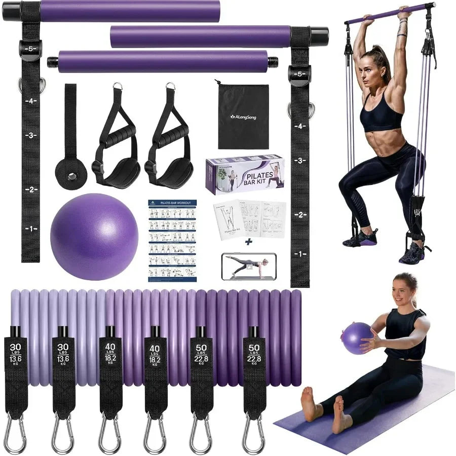 Upgraded Pilates Bar Kit with Resistance Bands Natural Latex for Women & Men, Heavy-Duty Stainless Steel Multifunctional Yoga Pi