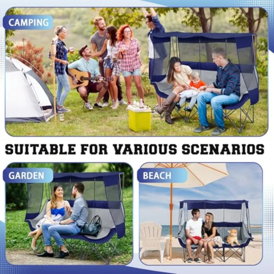3 Person Camping Chair with Canopy Shade 700lbs Heavy Duty Oversized Beach Camping Chair with Thick Cushion Cup Holder and Carr