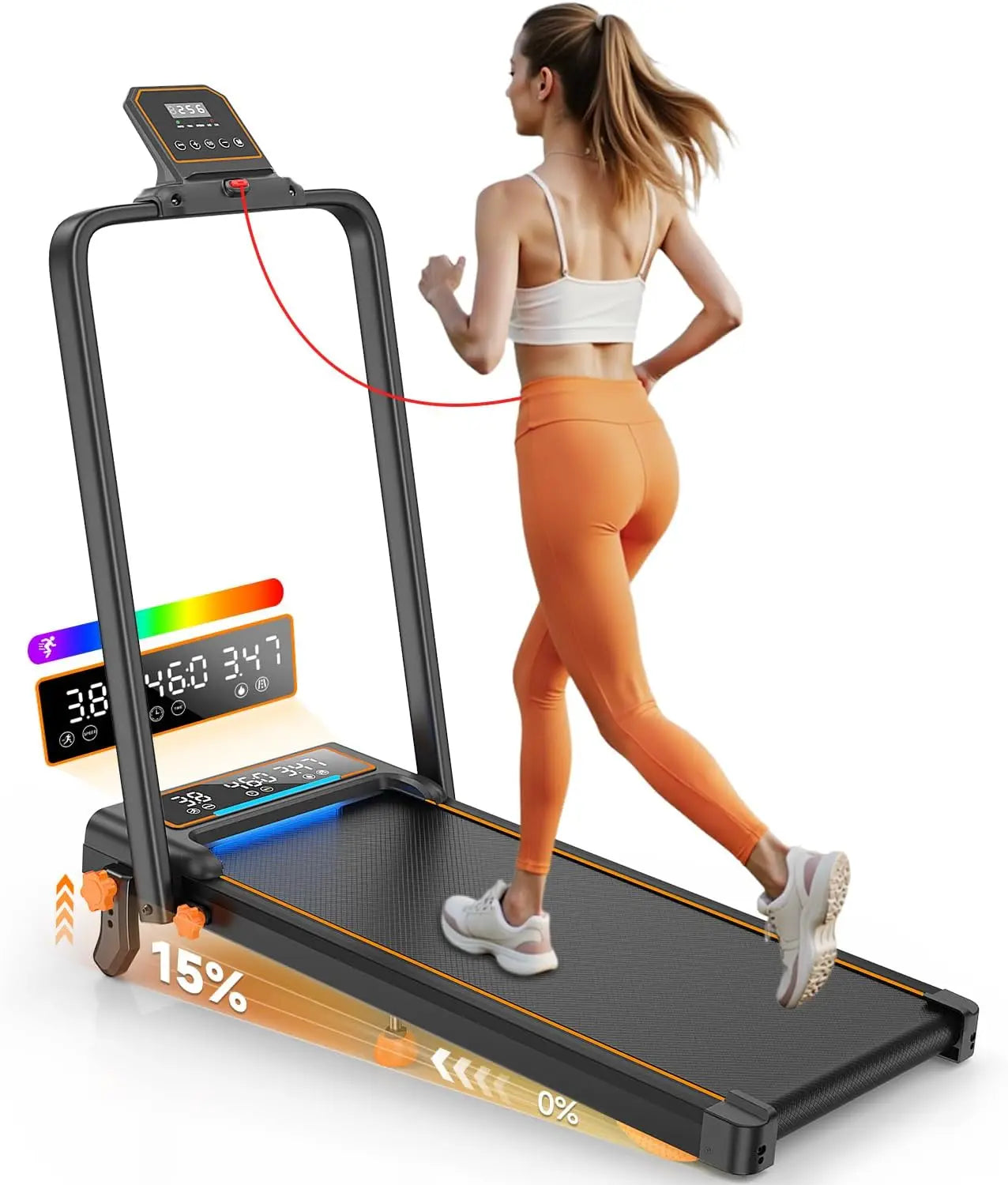 Treadmill Walking Pad with 15% Incline/Handle Bar/2 LED Display, 3.5HP Foldable Walking Pad Treadmill 350+lb RGB Light