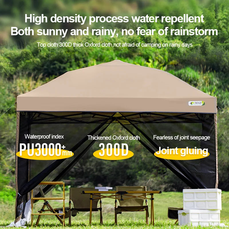 Outdoor pop-up awning beach camping instant canopy pavilion tent with side wall 10x10 feet  khaki sunscreen rainstorm proof