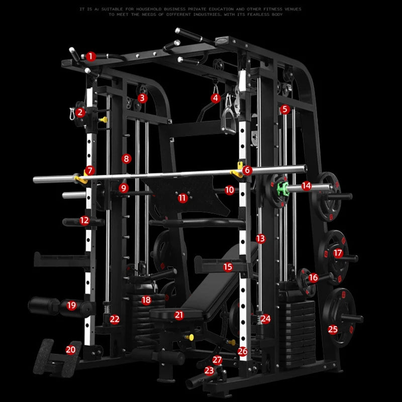 Smith Machine,Multi-Functional Exercise Equipment Home Fitness,Cage-Style,Multi-Power Adjustable, Squat Rack+Bench+100KG Weights