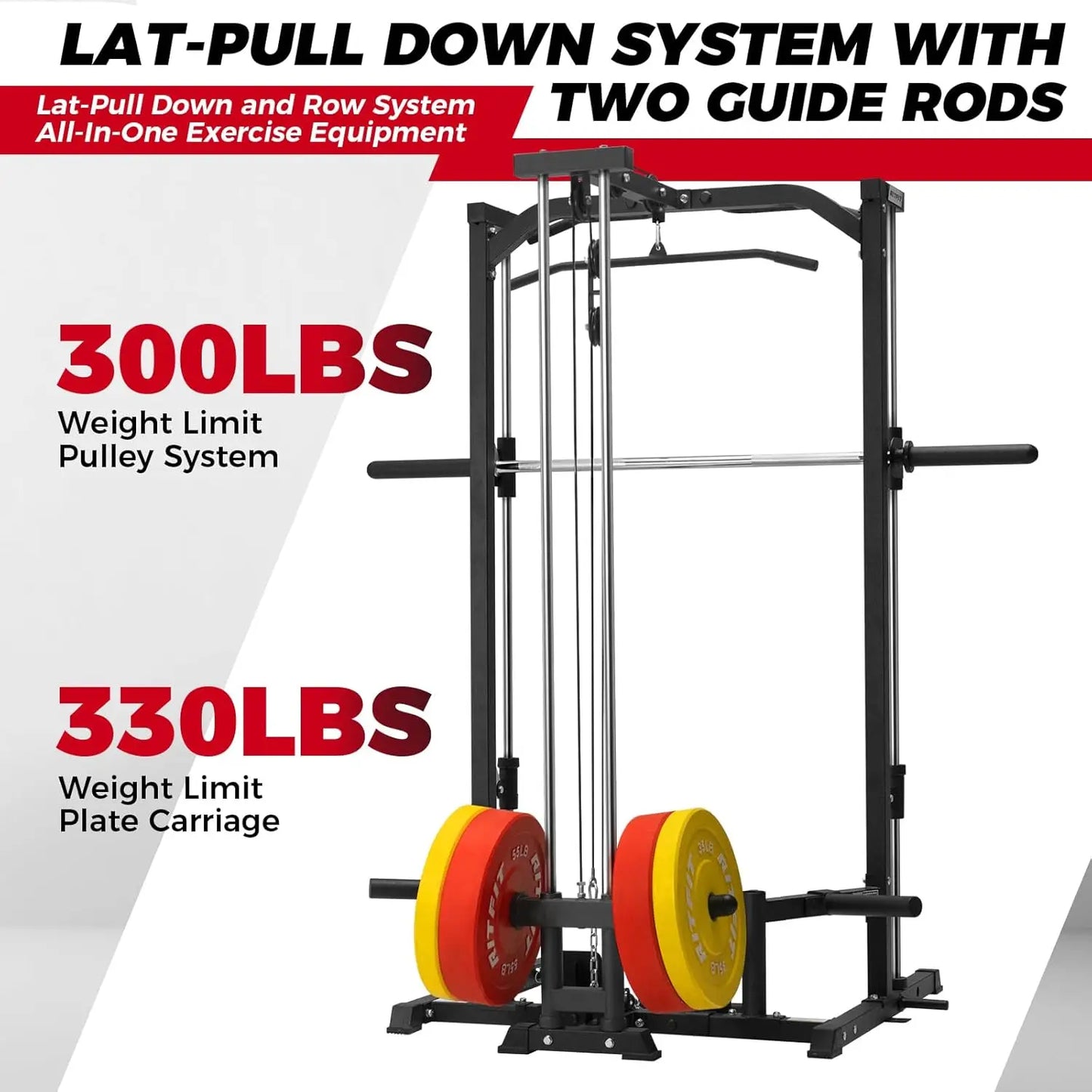 Smith Machine Power Rack with LAT-Pull Down System, Landmine, Barbell Bar, Plate Storage Pegs and More Training, Customized
