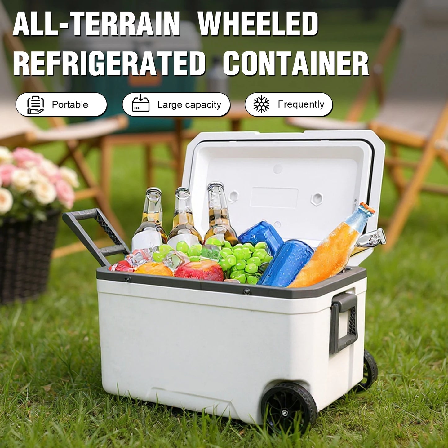 70L Wheeled Cooler with Cup Holder Hard Shell for Beach Camping (Light Grey)