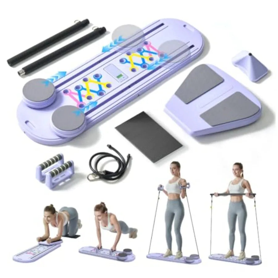 Pilates Board 6-in-1 Foldable Reformer Training Kit with Auto-Rebound Ab Roller and Digital Display for Portable Home Core Work