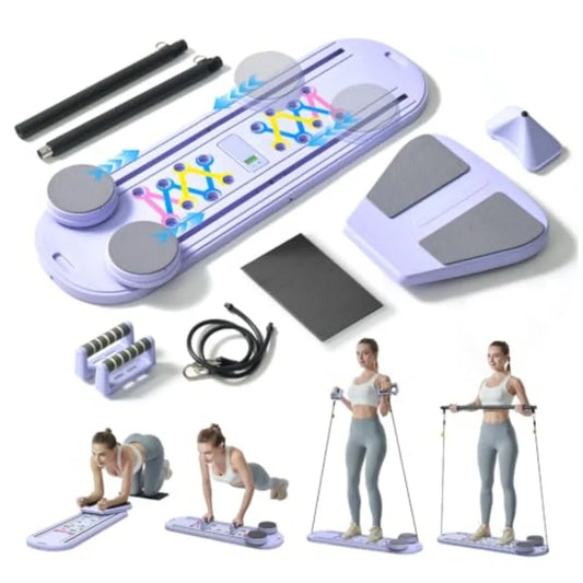 Pilates Board 6-in-1 Foldable Reformer Training Kit with Auto-Rebound Ab Roller and Digital Display for Portable Home Core Work