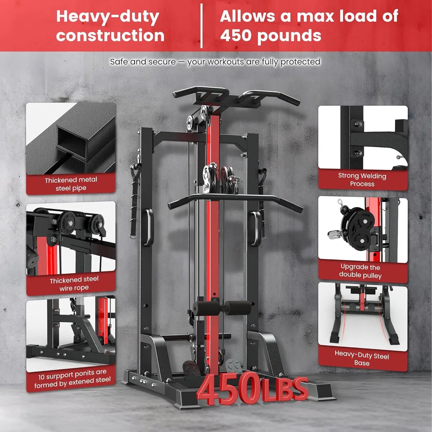Pull Up Bar Power Tower Dip Station,Cable Machine-Integrated 450LBS Multi-Function Adjustable Height Fitness, Customized