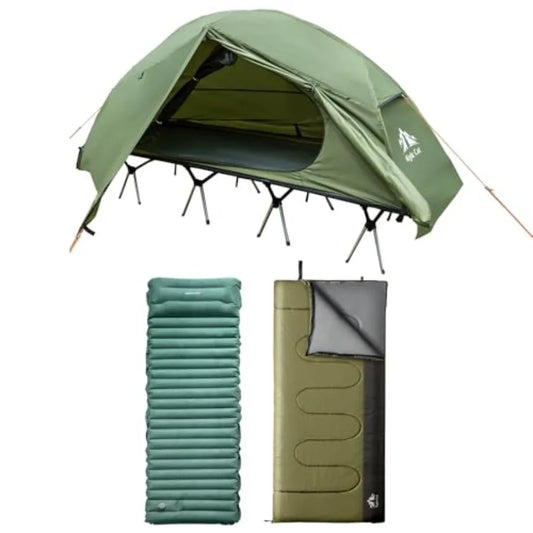 Camping Cot Tent with Sleeping Pad and Sleeping Bag Waterproof 1-Person Off-Ground Combo Cot Bed for Adults Portable Easy Set-u