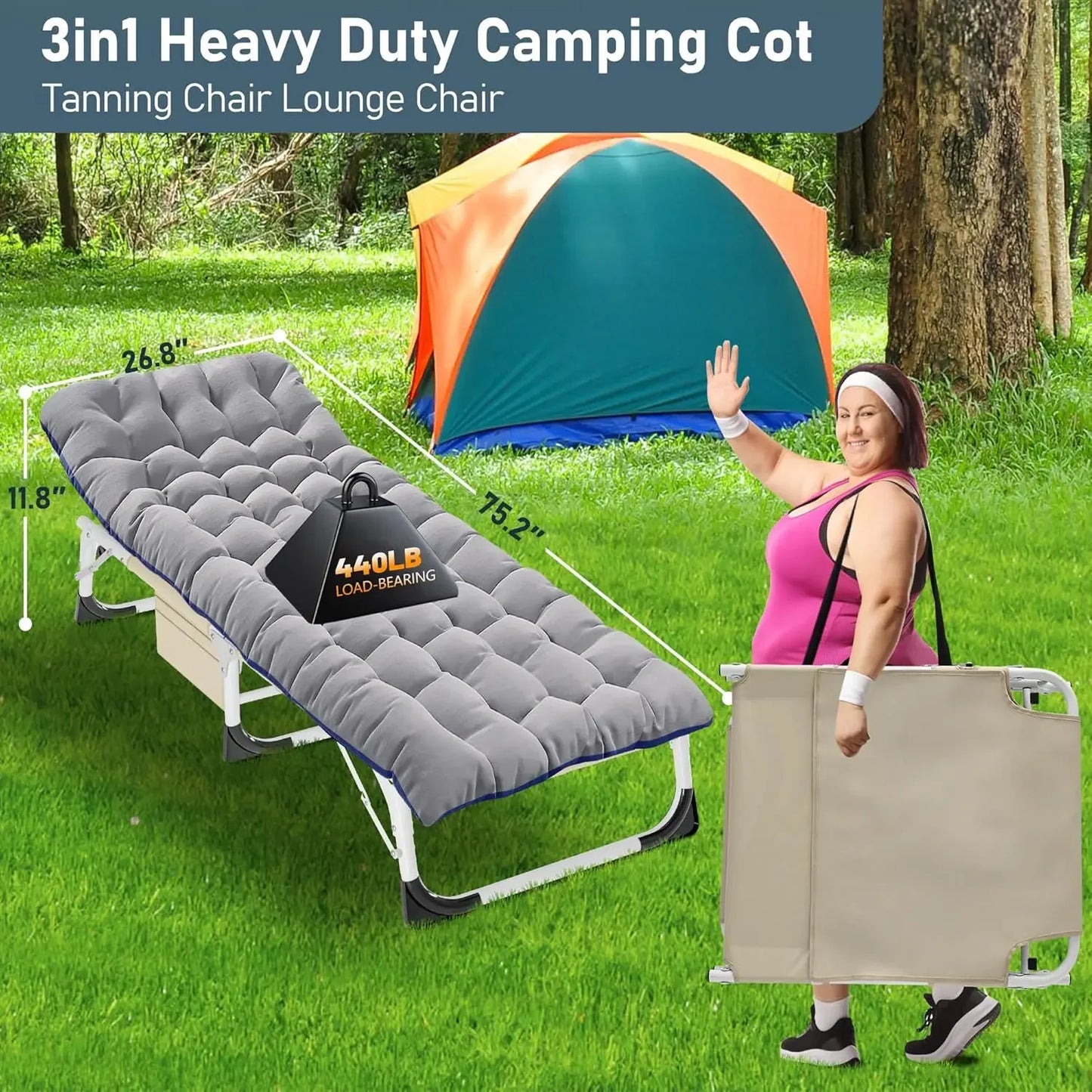 Heavy Duty Tanning Chair Folding Beach Lounger with Face Arm Hole, 5-Position Adjustable Patio Chaise Lounge, Customized