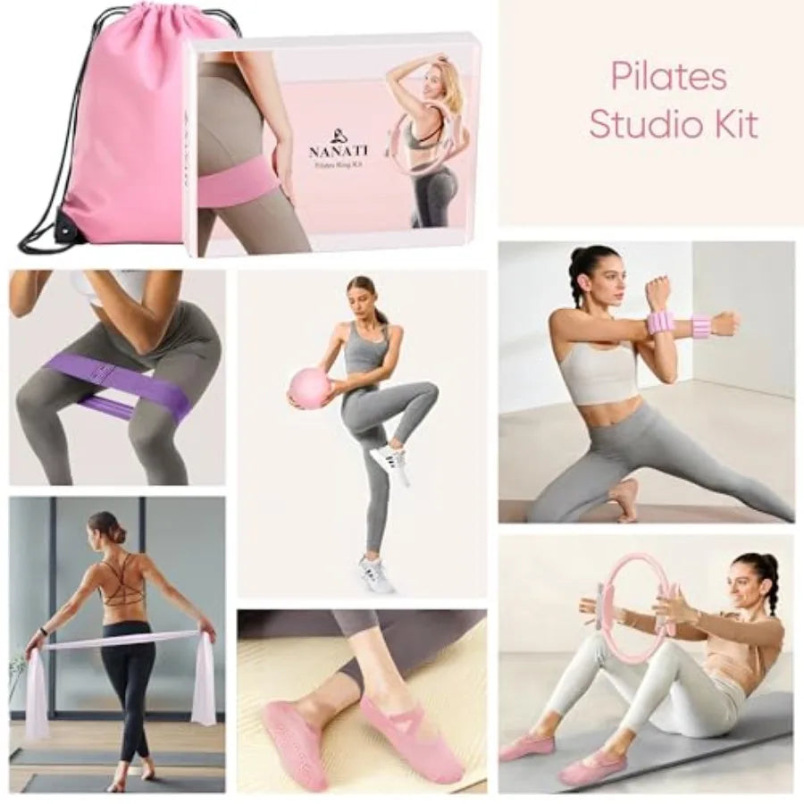 Pilates Kit 18PCS for Women Home Workouts Pilates Equipment with 14.5 Ring and Ball 7 Resistance Bands Ankle Weights Sliders Gr
