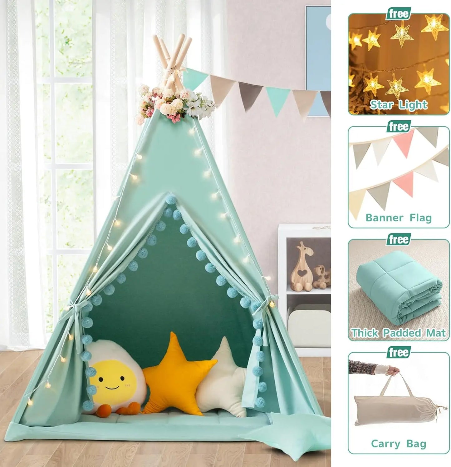 Kids Teepee Tent with Padded Mat, Stars Lights, Carry Bag - Green Indoor Play Tent for Boys and Girls