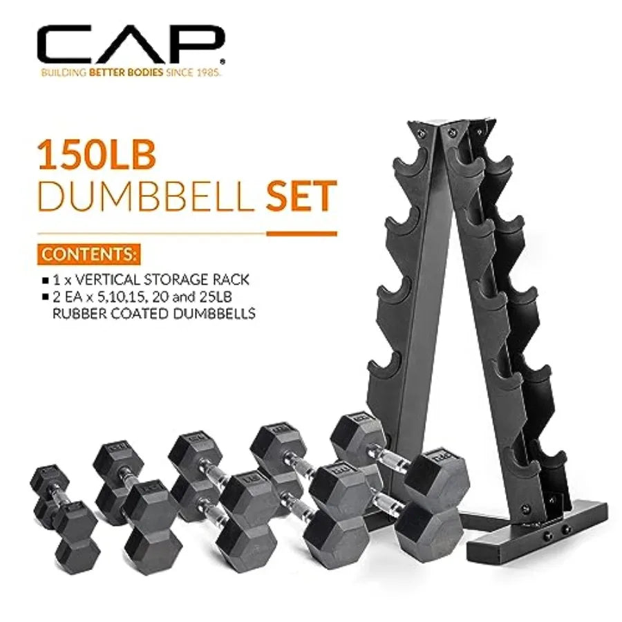 150 LB Rubber Coated Hex Dumbbell Hand Weight Set with Vertical Storage Rack - Chrome Handle Orange Rack