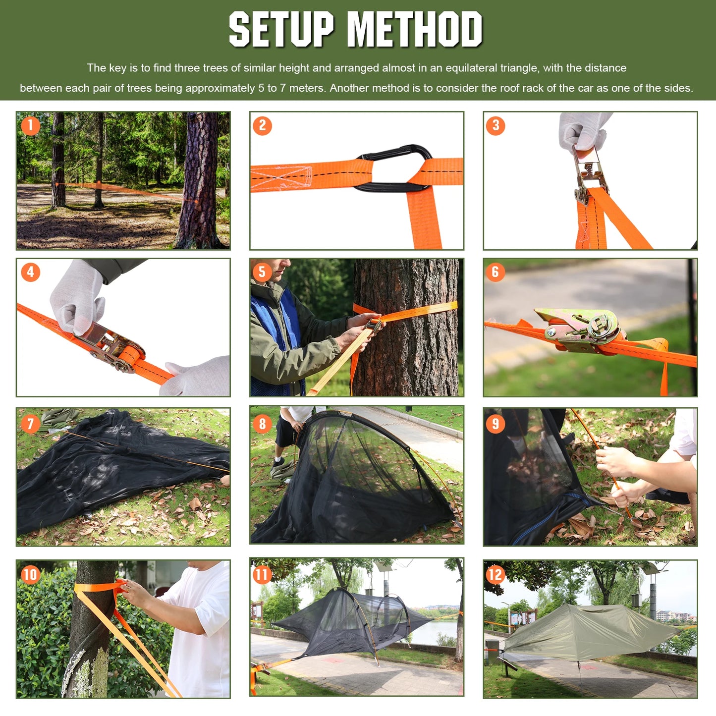 Waterproof Tactical Tent w/ Mosquito Net & RainFly Lay Flat Hammock 660 LBS Load Capacity 3 Hang Point Camping Sunshade Awning
