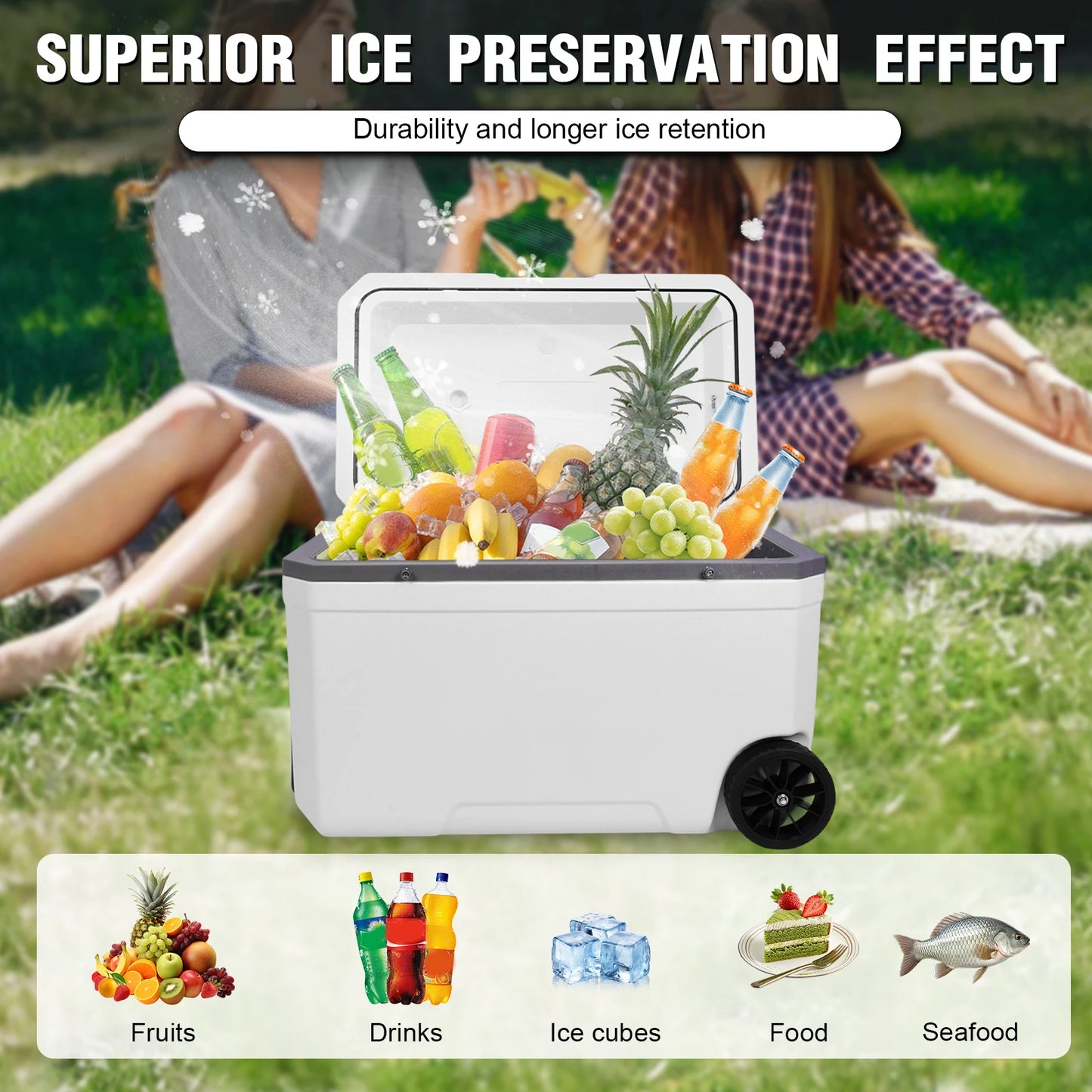70L Wheeled Cooler with Cup Holder Hard Shell for Beach Camping (Light Grey)