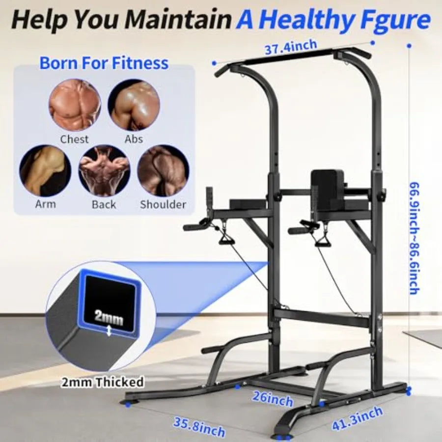 Adjustable Pull Up Bar Power Tower Dip Station for Home Gym Workout Multi-Function Strength Training Equipment in Black Steel w