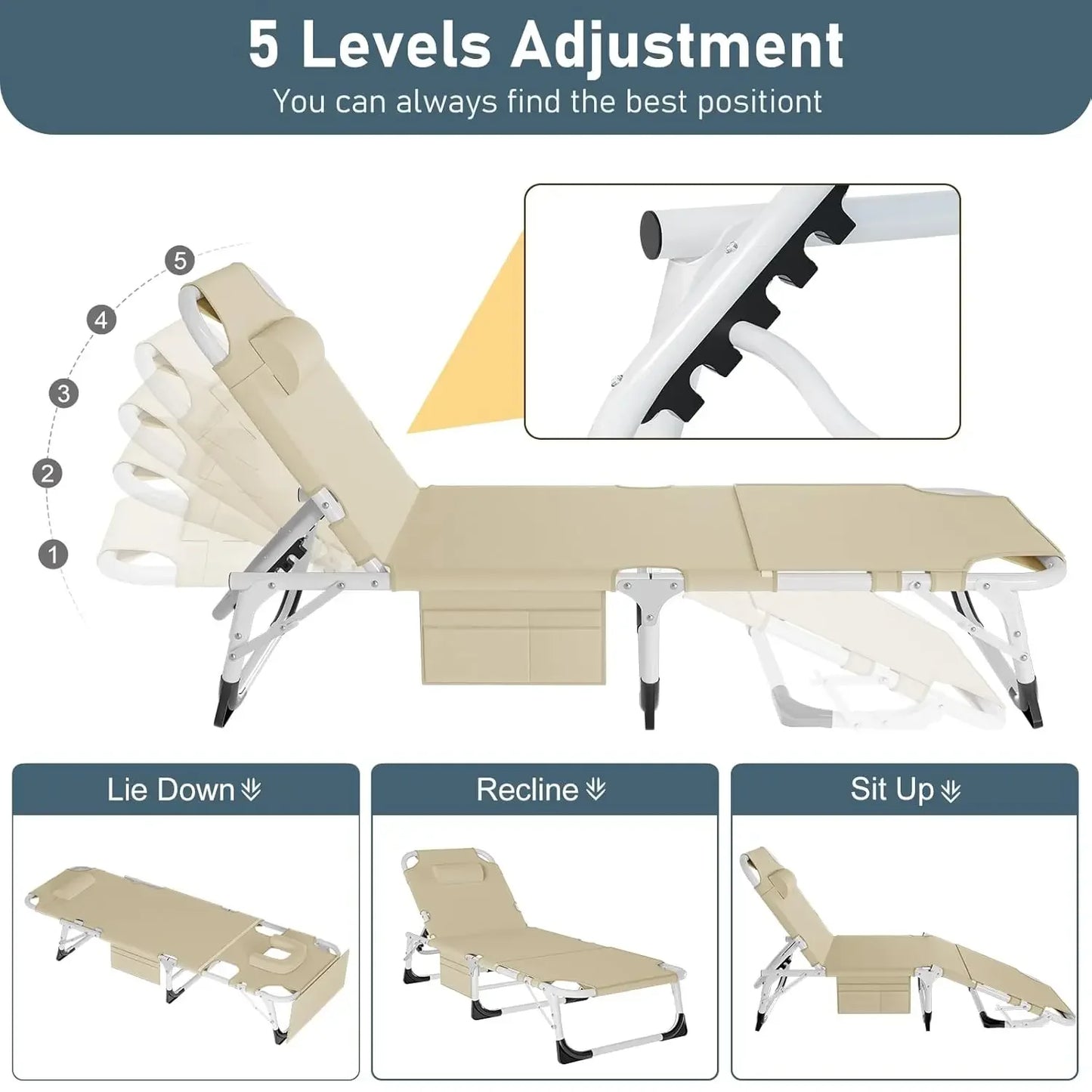 Heavy Duty Tanning Chair Folding Beach Lounger with Face Arm Hole, 5-Position Adjustable Patio Chaise Lounge, Customized
