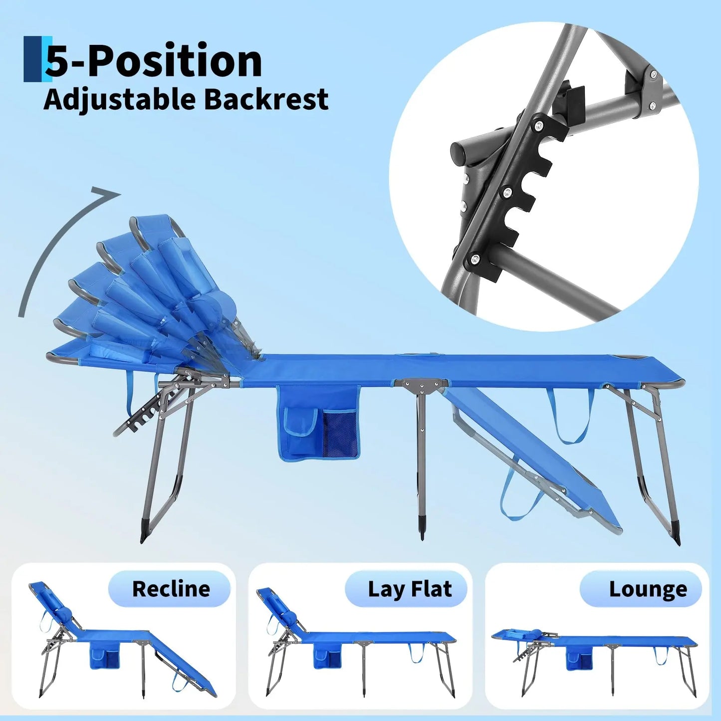 Portable Tanning Chair With Face Hole Folding Beach Lounge Chair 5-Position Face Down Chaise For Outdoor Poolside Patio
