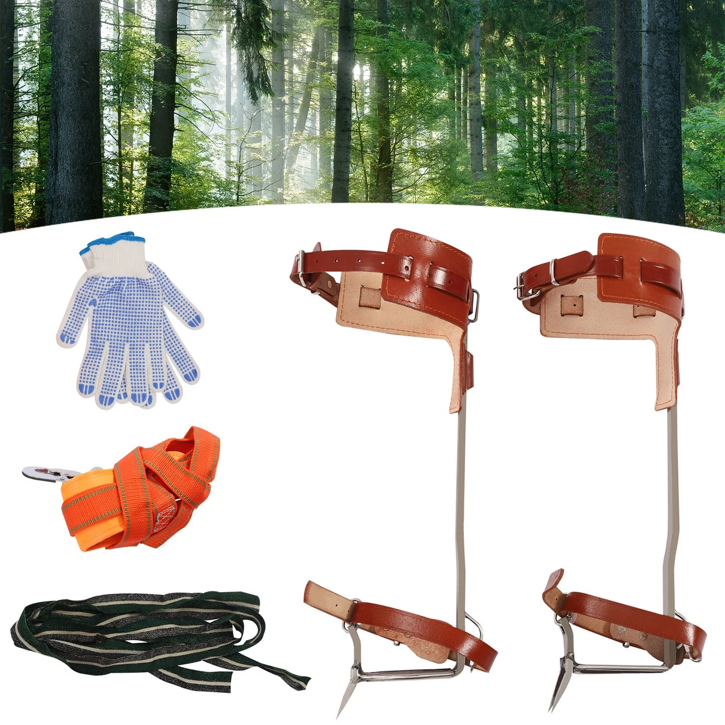 Climbing Pitons Tree Climbing Gear Kit with Safety Harness Rope Gloves Stainless Steel Double Claw Tree Climbing Tools