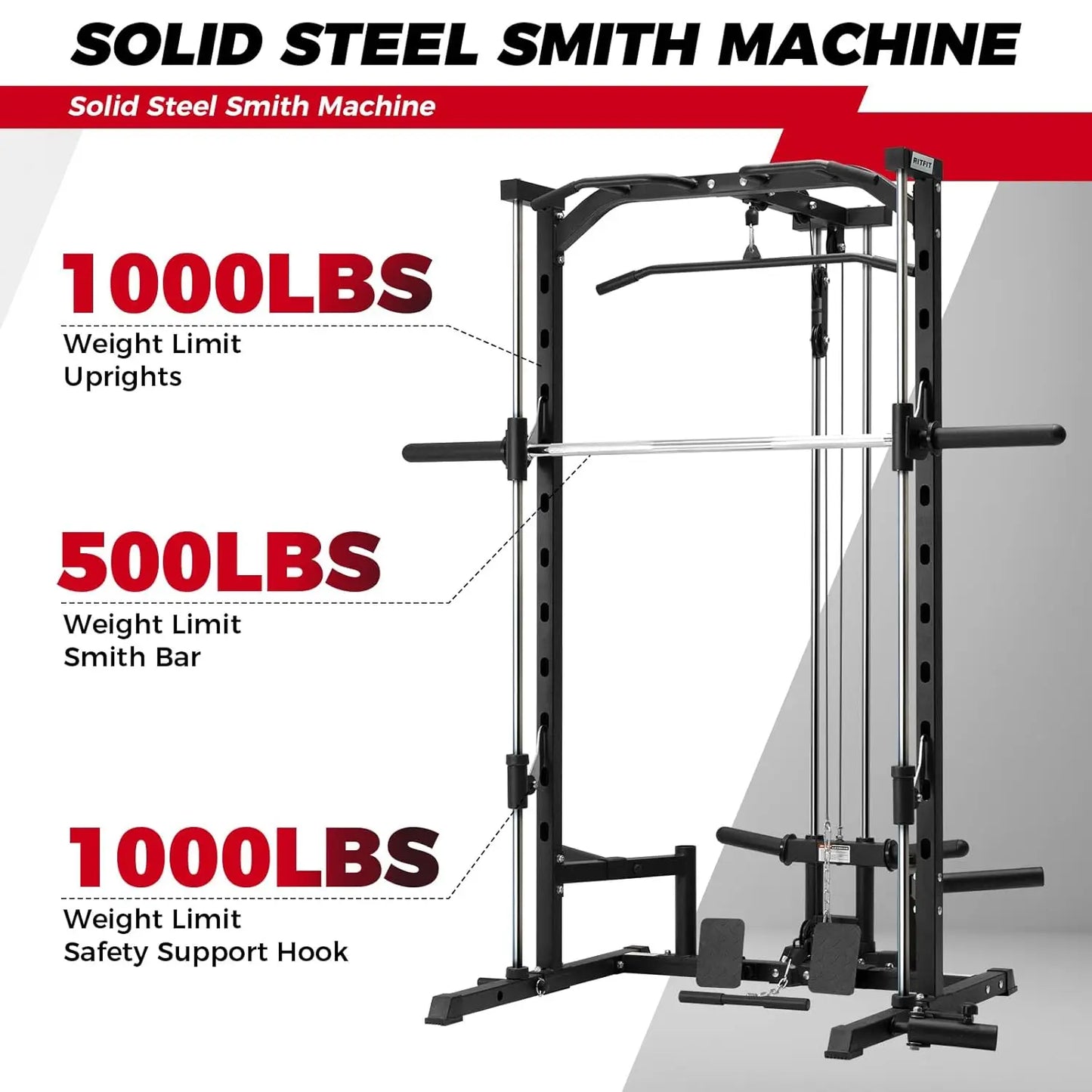 Smith Machine Power Rack with LAT-Pull Down System, Landmine, Barbell Bar, Plate Storage Pegs and More Training, Customized