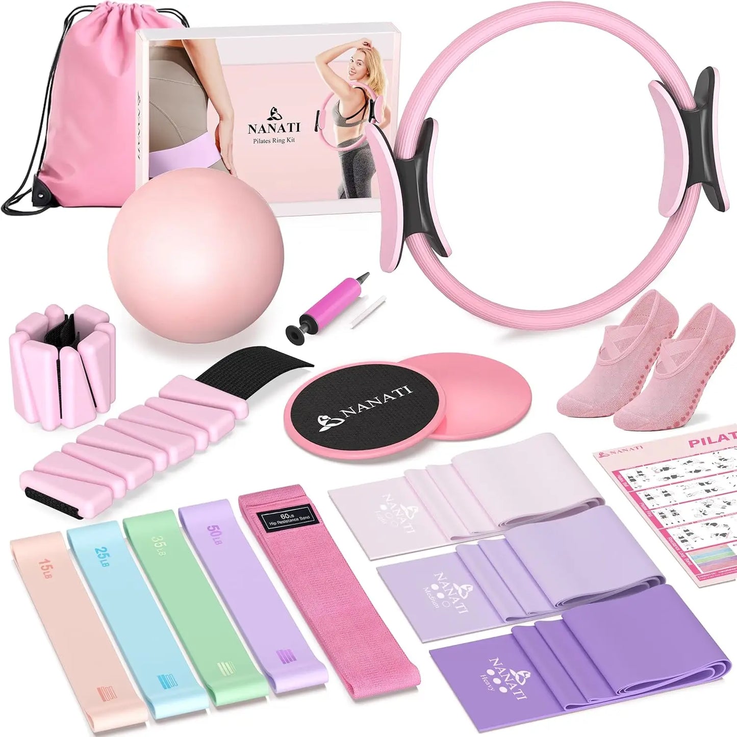 Pilates Kit for Women: 14.5" Ring, Ball, Bands, Weights, Sliders & Socks - Home Workout Starter Set