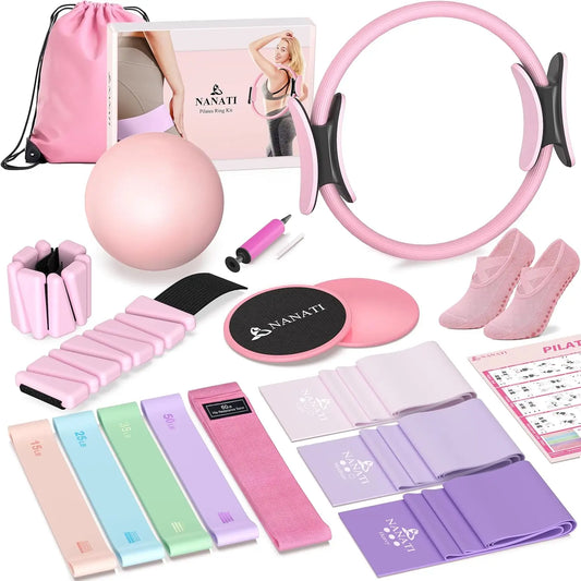 Pilates Kit for Women: 14.5" Ring, Ball, Bands, Weights, Sliders & Socks - Home Workout Starter Set