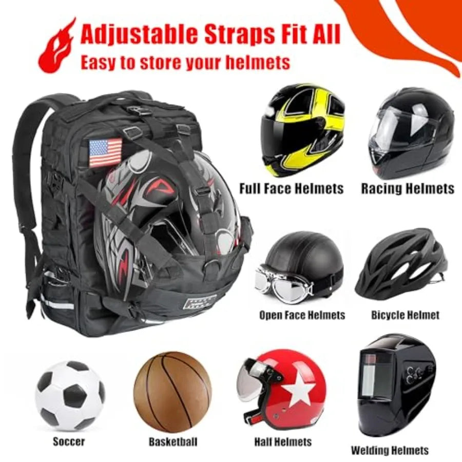Helmet Backpack for Motorcycle Riding Cycling Waterproof Large Capacity Daily Backpack with Helmet Holder Weather-Resistant Hik