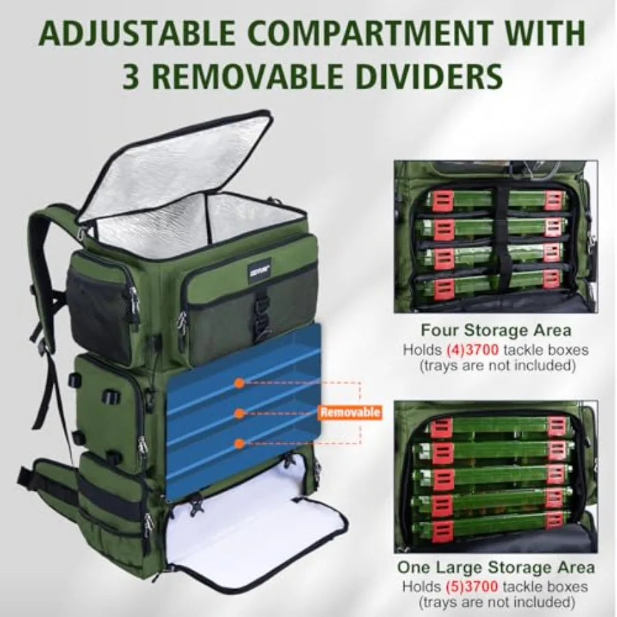 Fishing Backpack with Cooler 72L Large 600D Tackle Backpack with Rod Holders Dry Wet Split Compartment Adjustable Main Compartm