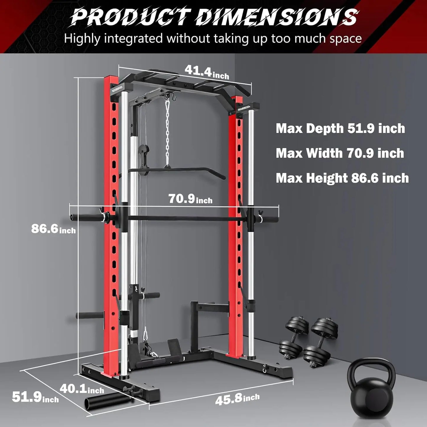 All-in-One Smith Machine Power Rack with LAT Pull Down System, Pull Up Bar, Barbell Bar, Plate Storage Pegs and, Customized