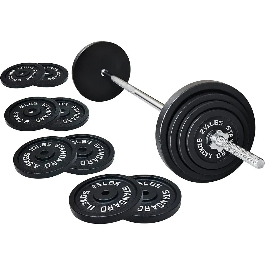 Cast Iron Standard Weight Plates Including 5FT Standard Barbell with Star Locks, 95-Pound Set (85 Pounds Plates + 10 Pounds Barb