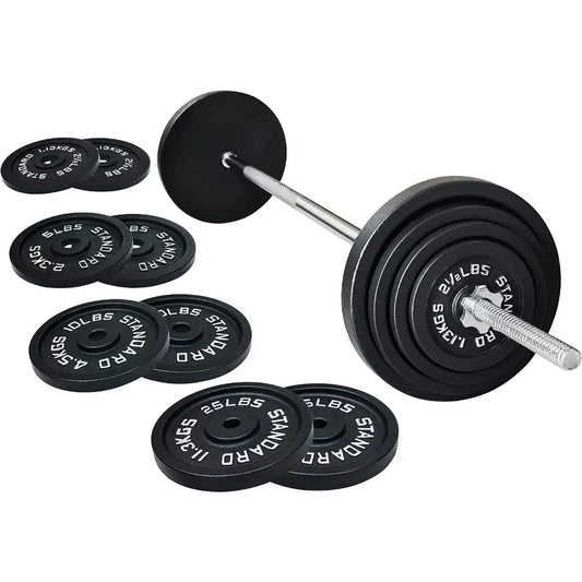 Cast Iron Standard Weight Plates Including 5FT Standard Barbell with Star Locks, 95-Pound Set (85 Pounds Plates + 10 Pounds Barb
