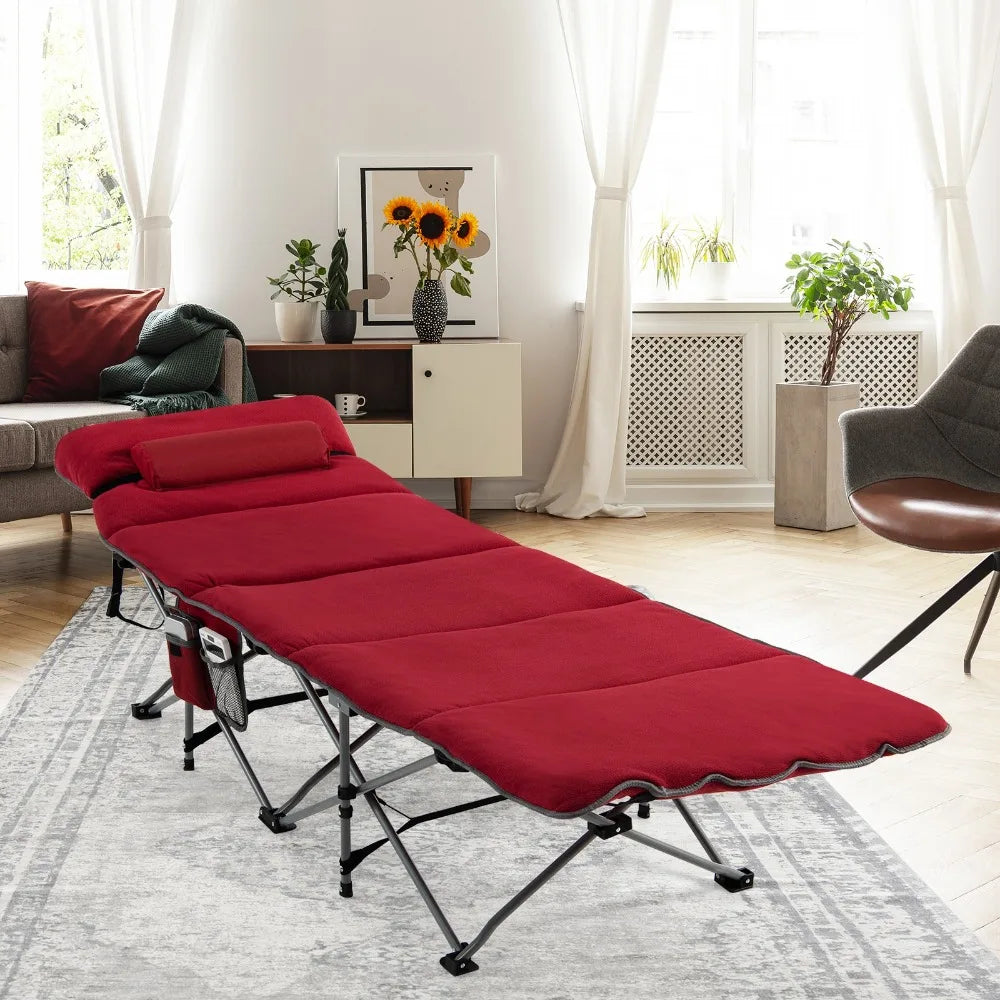 Folding Travel Camping Cot w/ Velvet Mattress & Padded Pillow & Carry Bag Wine