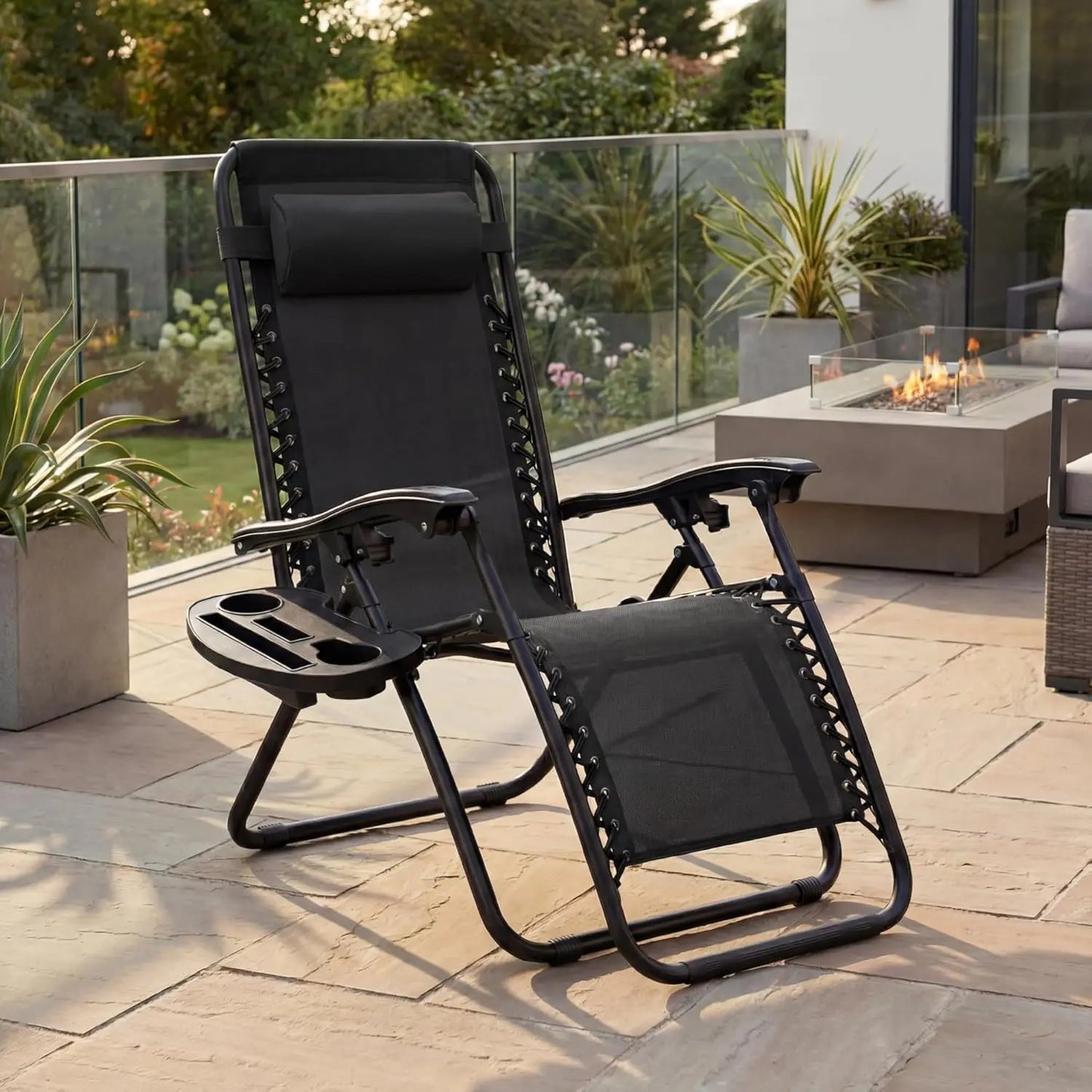 Products Set of 2 Adjustable Steel Mesh Zero Gravity Lounge Chair Recliners w/Pillows and Cup Holder Trays - Black