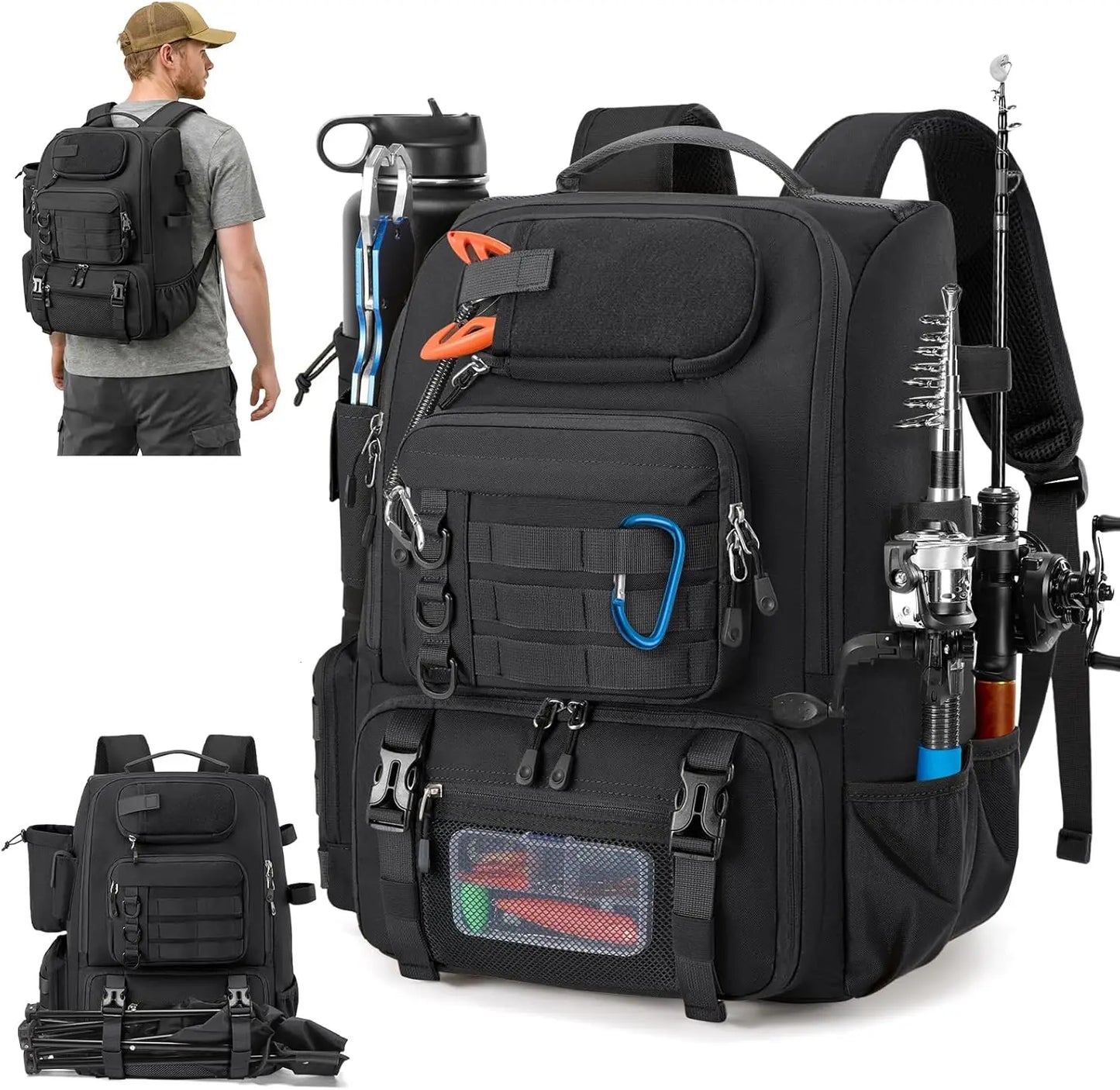 Waterproof Fishing Backpack with Rod Holders & Cooler, 40L Tackle Storage for Gear and Rain Cover
