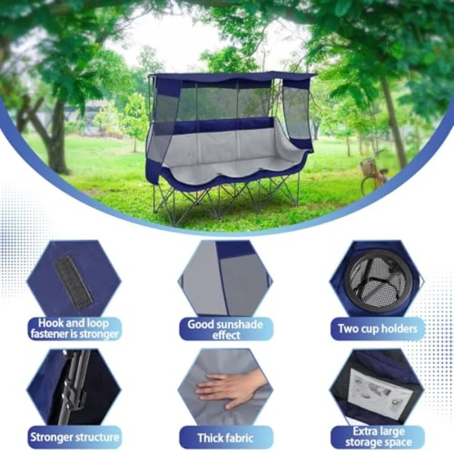 3 Person Camping Chair with Canopy Shade 700lbs Heavy Duty Oversized Beach Camping Chair with Thick Cushion Cup Holder and Carr