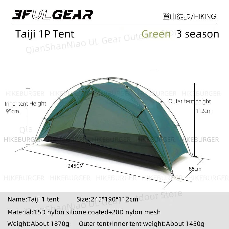3F UL GEAR Taiji 1 Tent Outdoor Camping 1 Person Tent Ultralight 15D Nylon Tent Waterproof Hiking Mountaineering