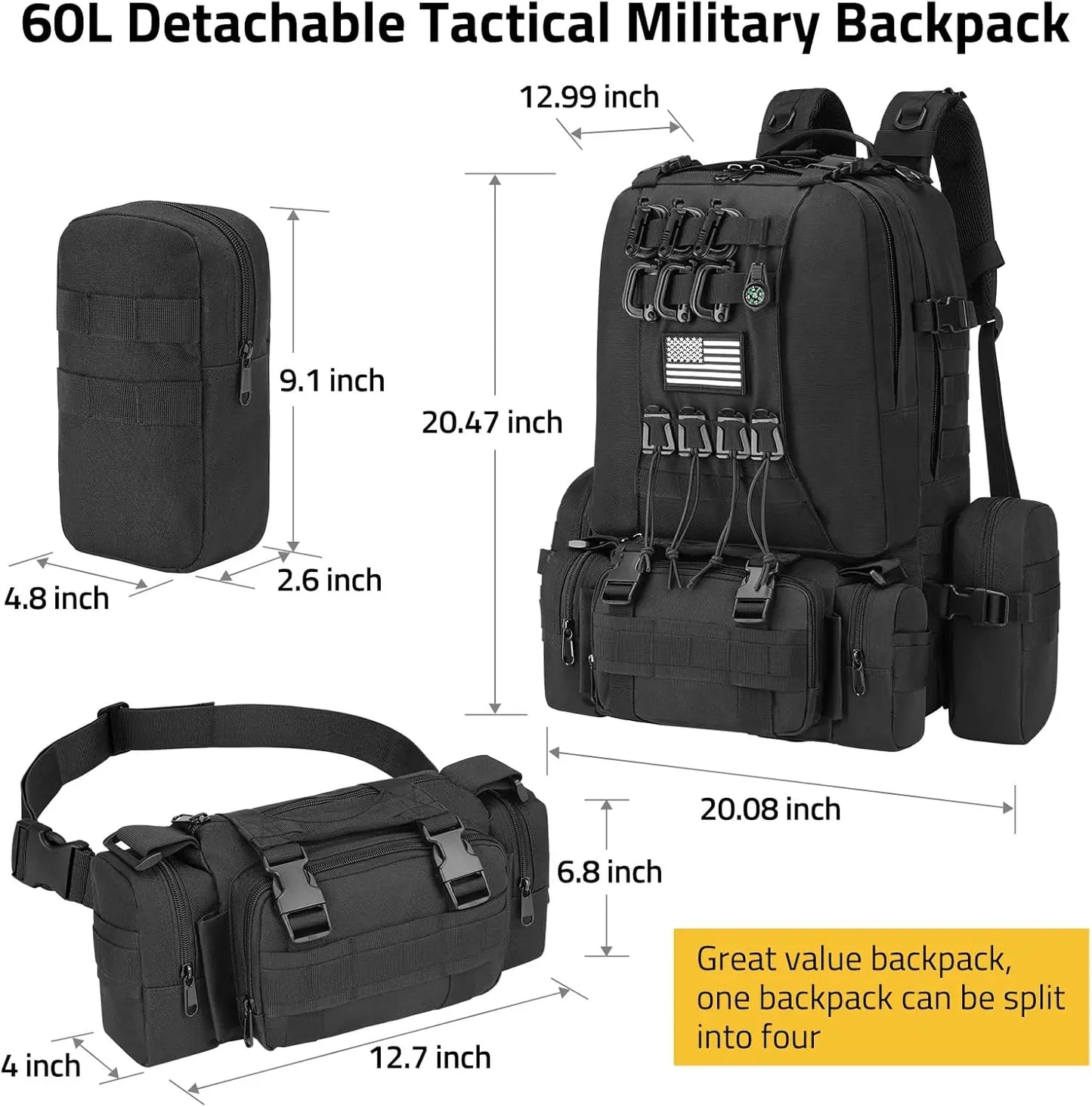 60L Tactical Backpack Men Women Military Rucksack with D-Ring Molle, Compass, 3-Day Bug Out Survival Hiking Camping Daypack, Bla