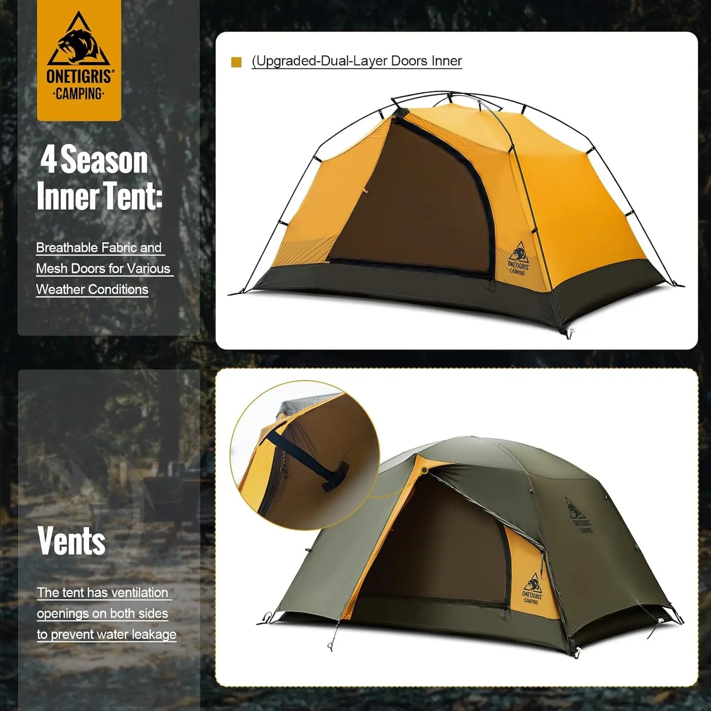 4 Season Waterproof Lightweight Camping Tent for 2 Person Easy Setup Outdoor Hiking Backpacking