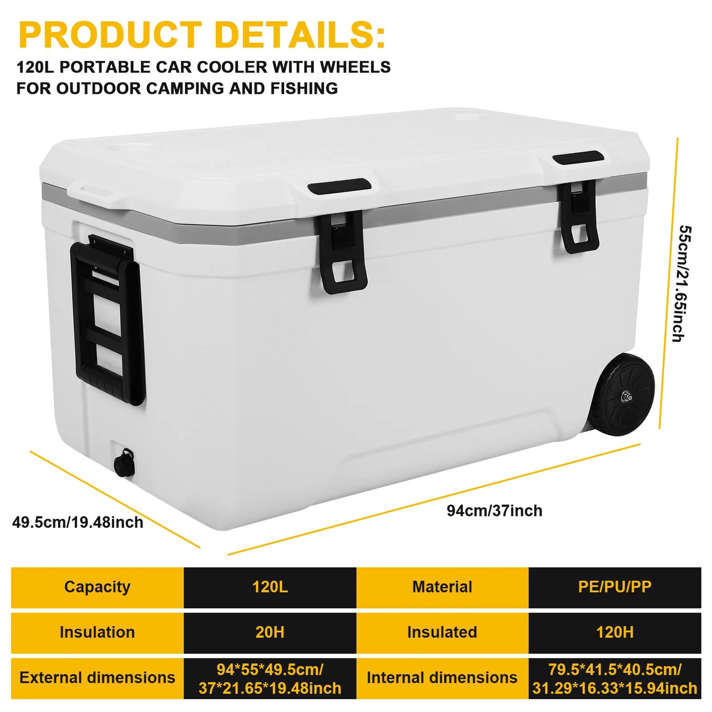 120L Portable Rolling Cooler with Wheels Ultra-Light Hard Cooler Leak-Resistant Large Capacity for Outdoor Camping and Fishing
