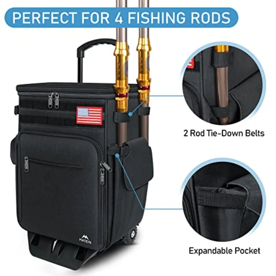 Rolling Tackle Box with Cooler Large Fishing Bag with Wheels for 5 Trays Saltwater Resistant Tackle Backpack with Rod Ho