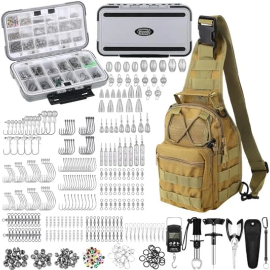 397 Pcs Fishing Accessories Kit Tools Include Backpack Fishing Tackle Box with Hooks Weights Sinkers Spinner Blade Gear in Blac