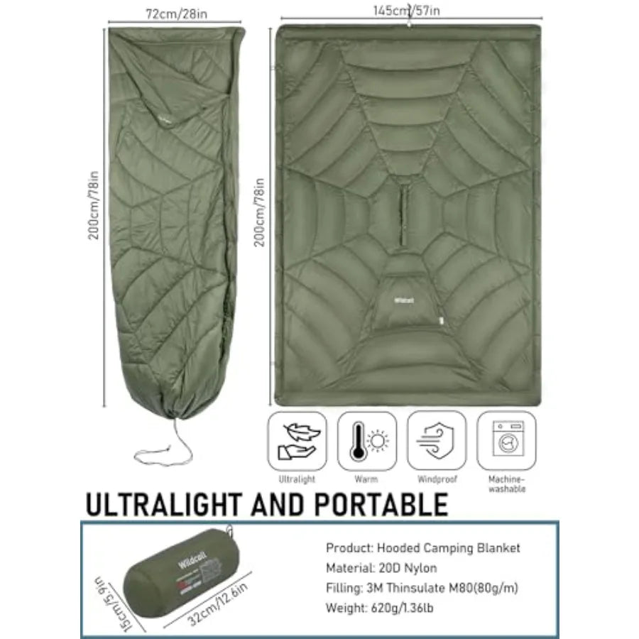 Hooded Camping Blanket with 3M Thinsulate Insulation Wearable Poncho Blanket Ultralight Foldable Quilt Sleeping Bag for Outdoor